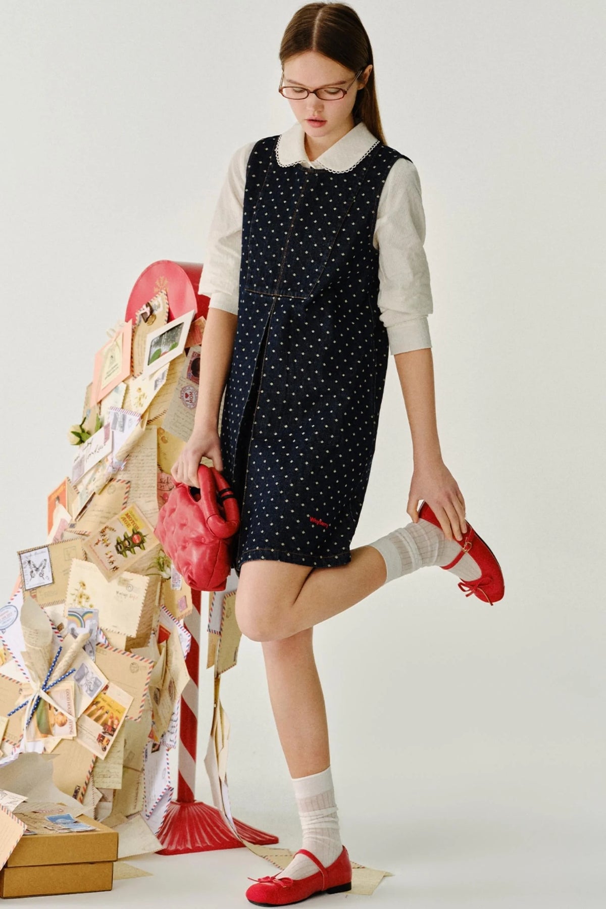 Polka Dot Sleeveless Denim Dress