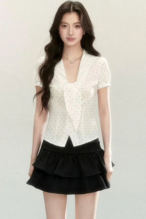 Polka Dot Tie-Collar Blouse