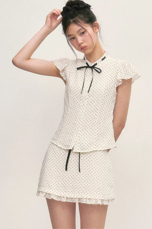 Polka Dot Tie Neck Short-Sleeved Shirt and Skirt Set-Up