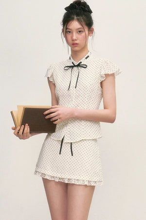 Polka Dot Tie Neck Short-Sleeved Shirt and Skirt Set-Up