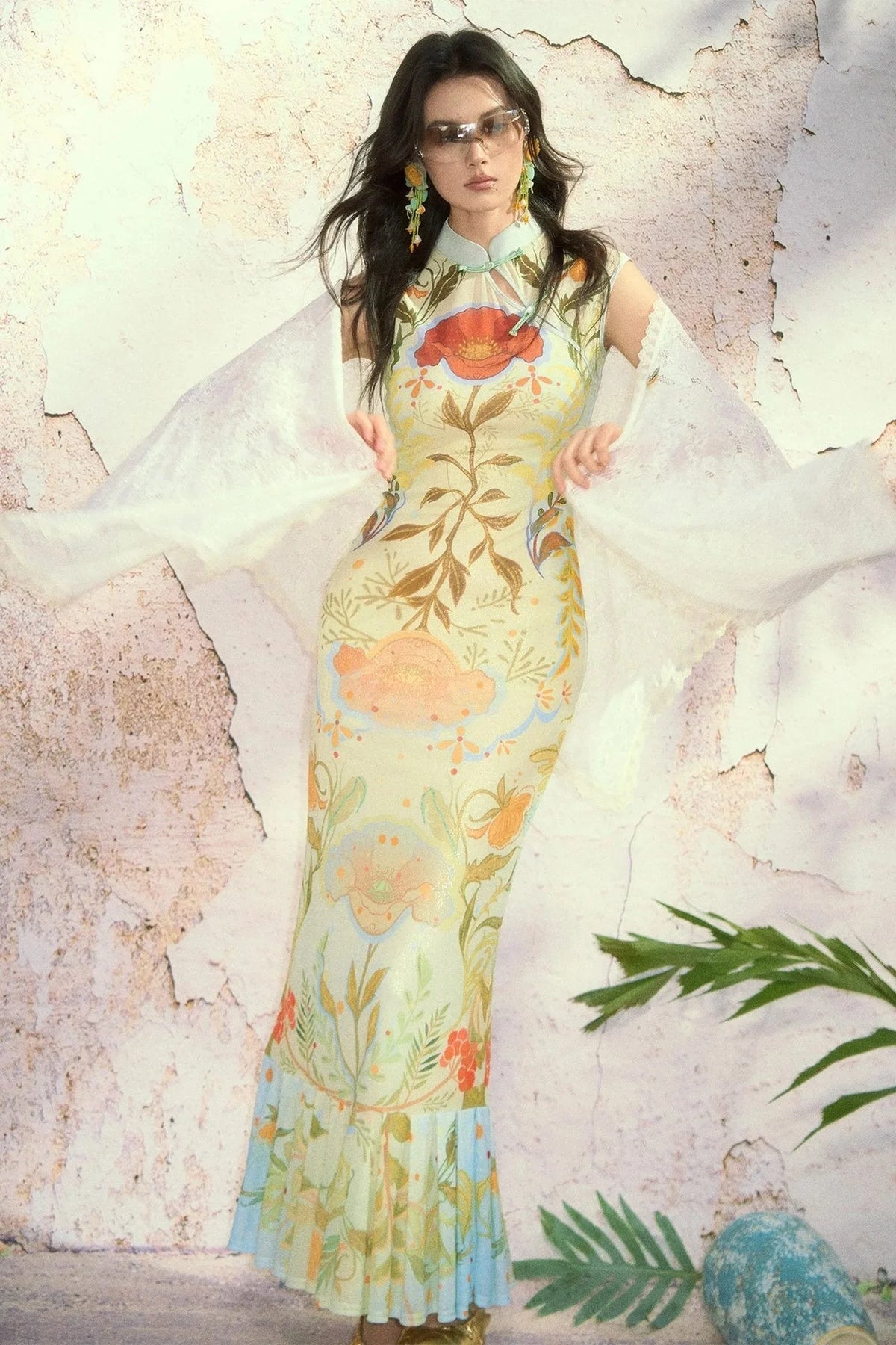 Poppy Print Silk High-Elastic Two-Piece Cheongsam Dress Set