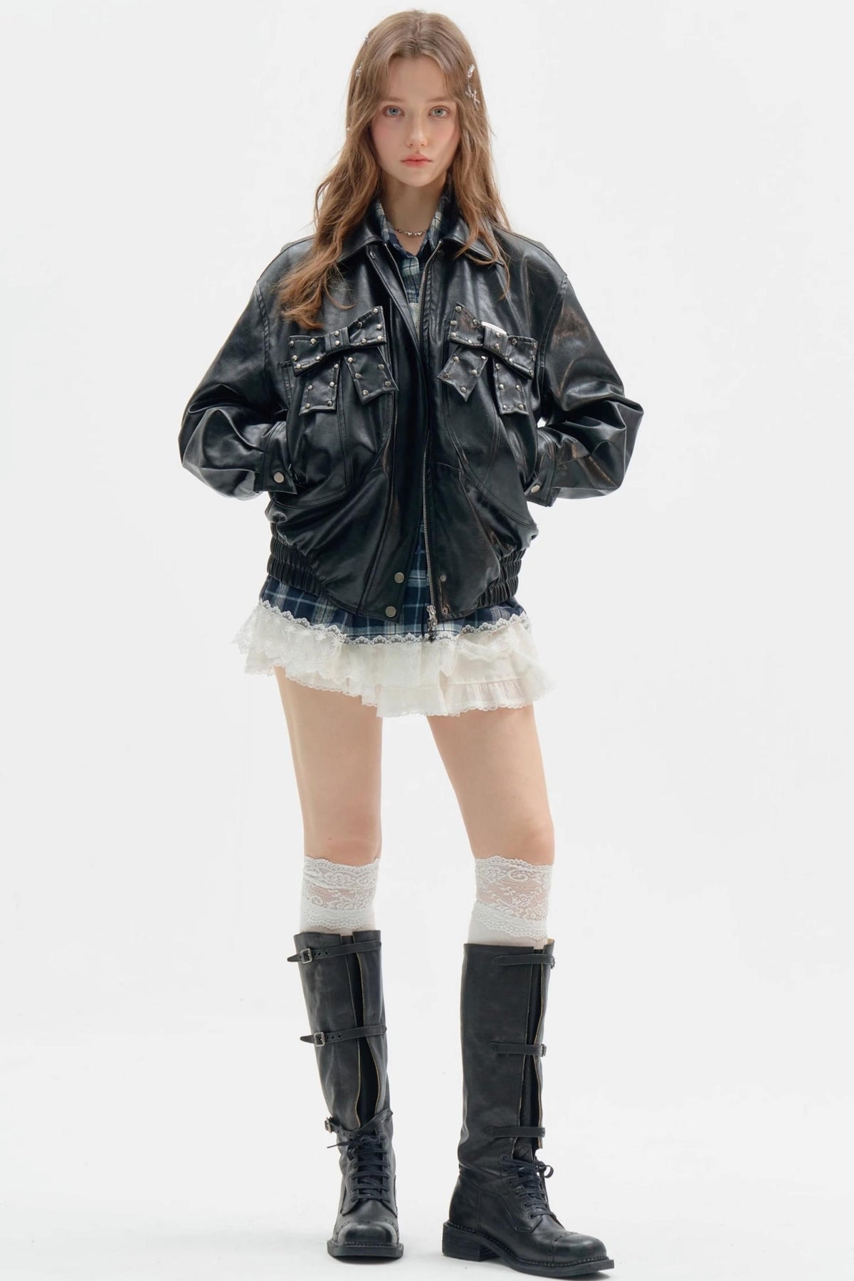 Premium Bow Black PU Leather Jacket