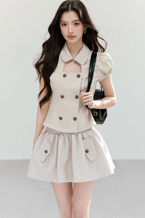 Preppy Doll Collar Double-Breasted Shirt And Puffy Skirt Set-Up