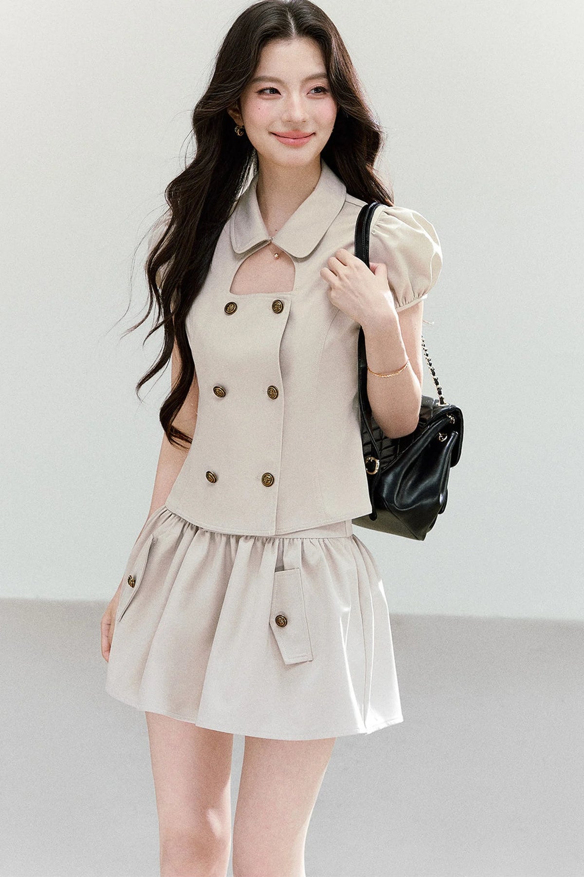 Preppy Doll Collar Double-Breasted Shirt And Puffy Skirt Set-Up