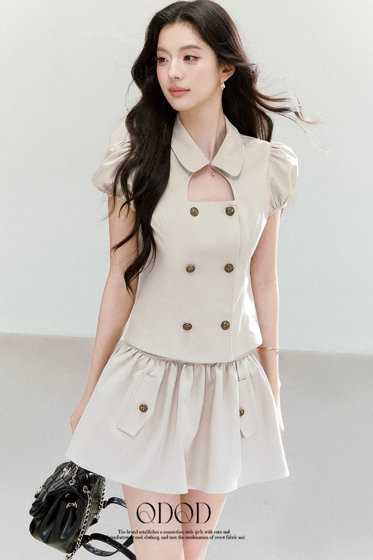 Preppy Doll Collar Double-Breasted Shirt And Puffy Skirt Set-Up