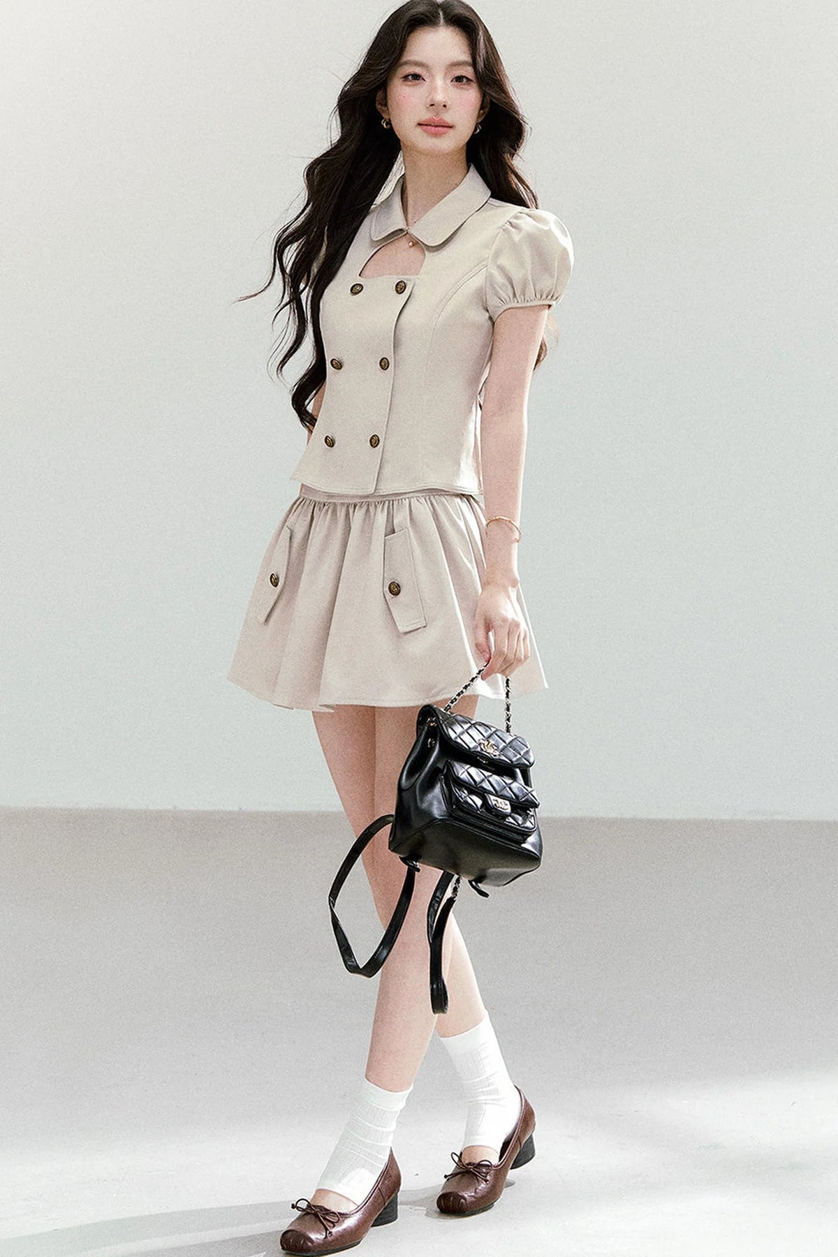 Preppy Doll Collar Double-Breasted Shirt And Puffy Skirt Set-Up