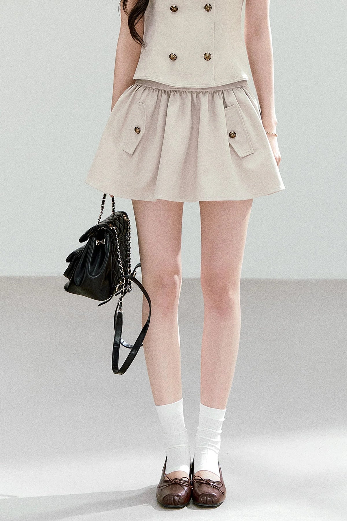 Preppy Doll Collar Double-Breasted Shirt And Puffy Skirt Set-Up