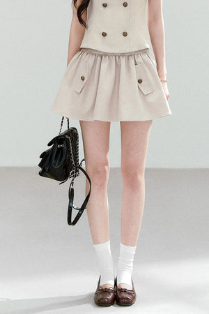 Preppy Doll Collar Double-Breasted Shirt And Puffy Skirt Set-Up