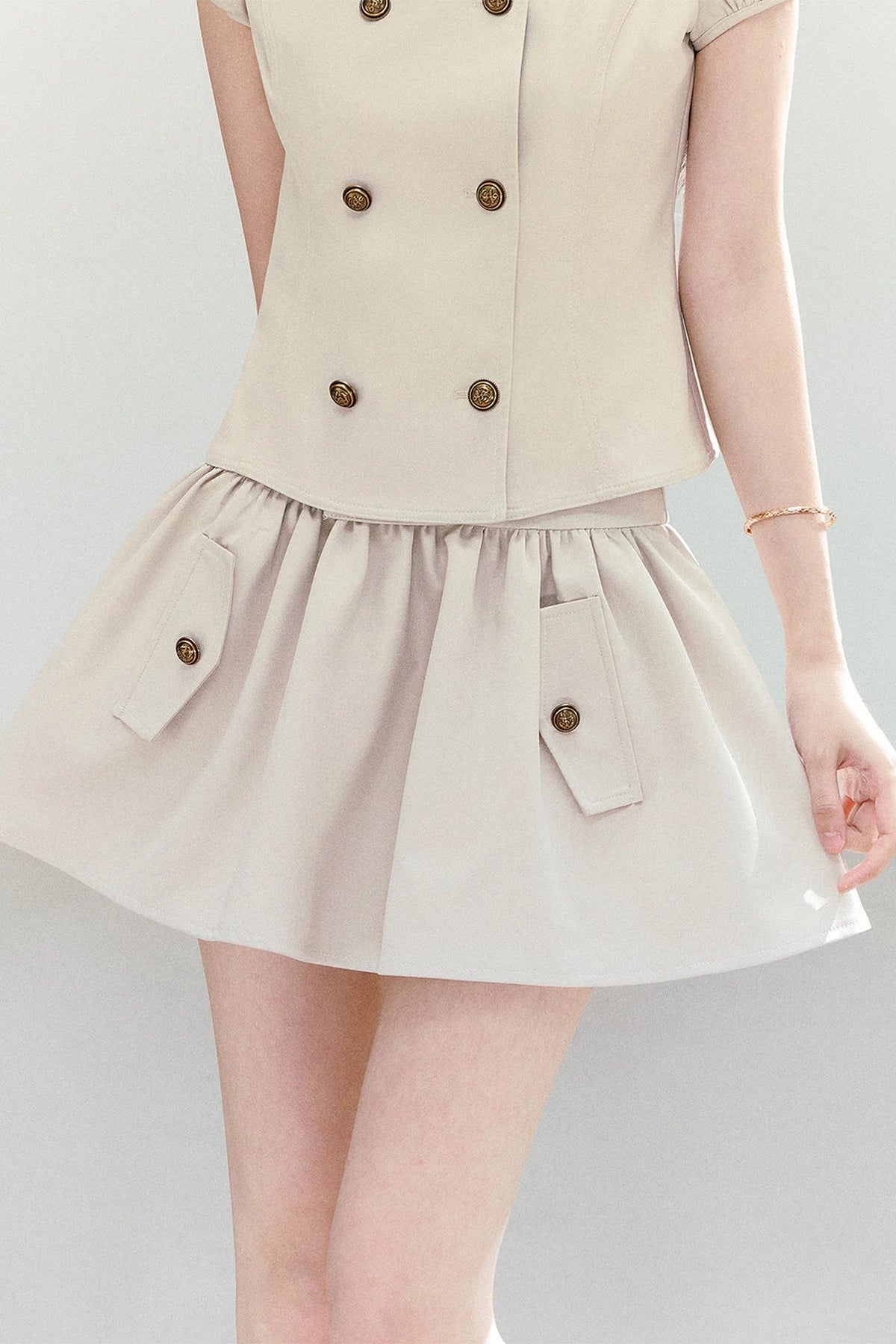 Preppy Doll Collar Double-Breasted Shirt And Puffy Skirt Set-Up