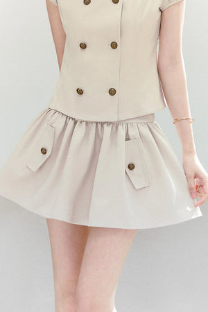 Preppy Doll Collar Double-Breasted Shirt And Puffy Skirt Set-Up