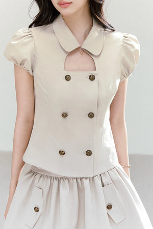 Preppy Doll Collar Double-Breasted Shirt And Puffy Skirt Set-Up