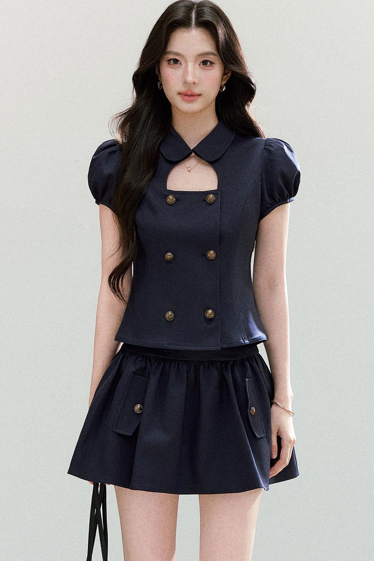 Preppy Doll Collar Double-Breasted Shirt And Puffy Skirt Set-Up