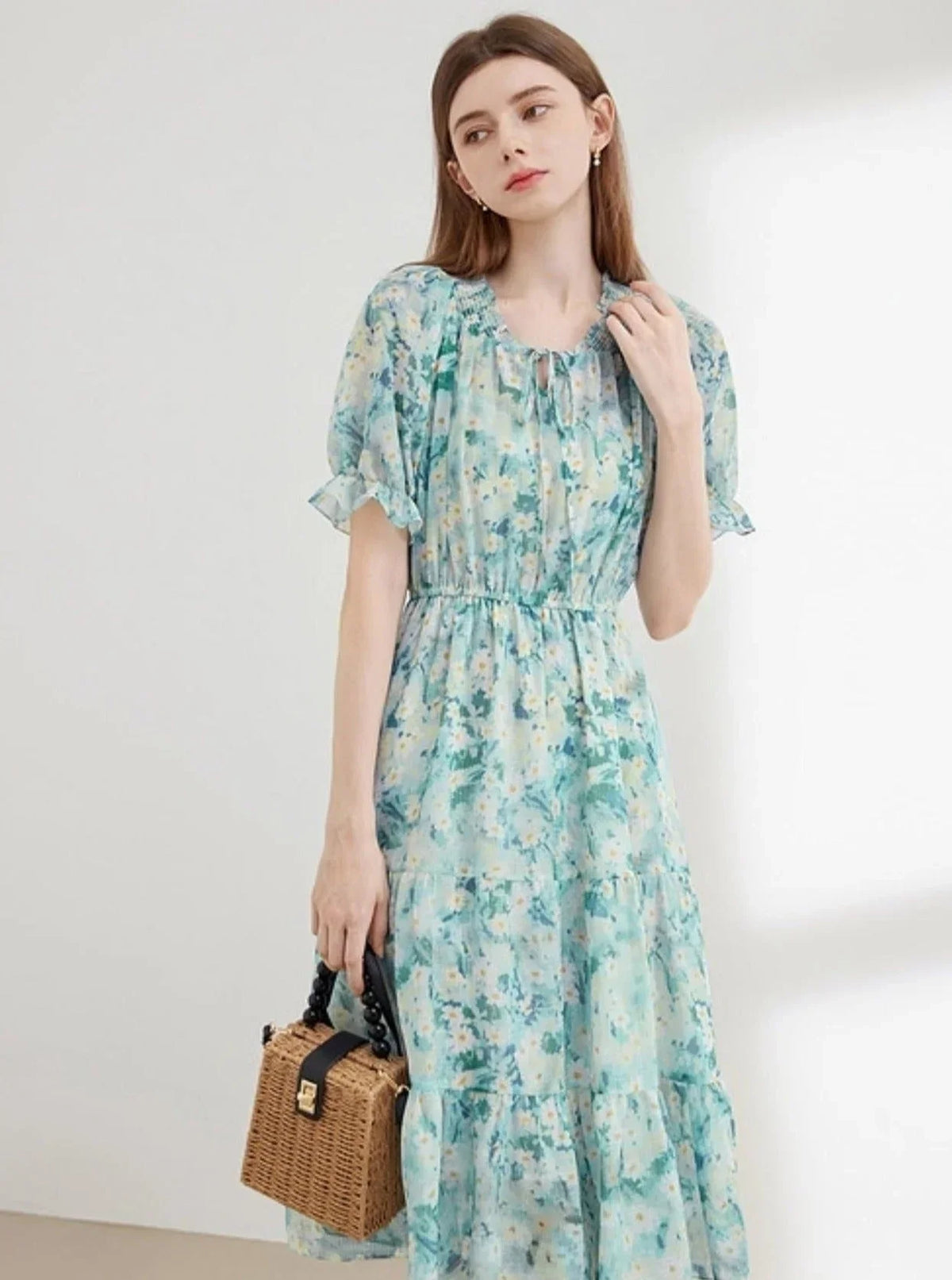 Pressed Pleats Gentle A-Line Floral Dress