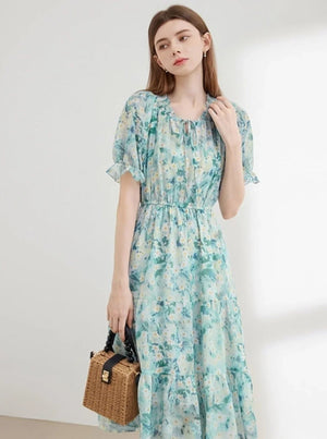 Pressed Pleats Gentle A-Line Floral Dress