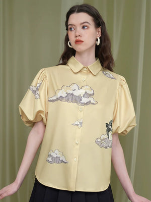 Print Puff Sleeve Flower Shirt
