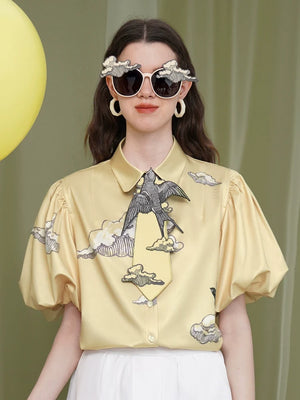 Print Puff Sleeve Flower Shirt