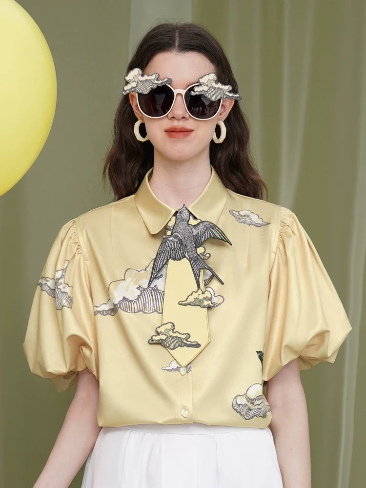 Print Puff Sleeve Flower Shirt