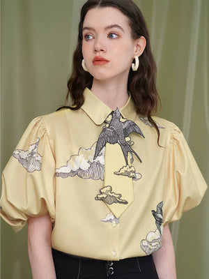 Print Puff Sleeve Flower Shirt