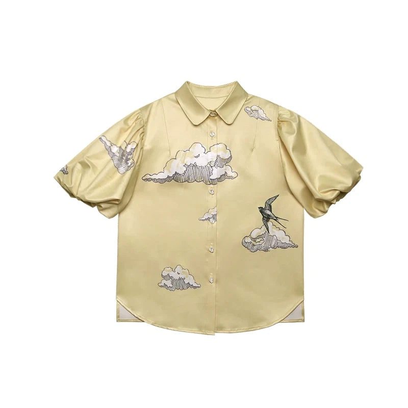 Print Puff Sleeve Flower Shirt