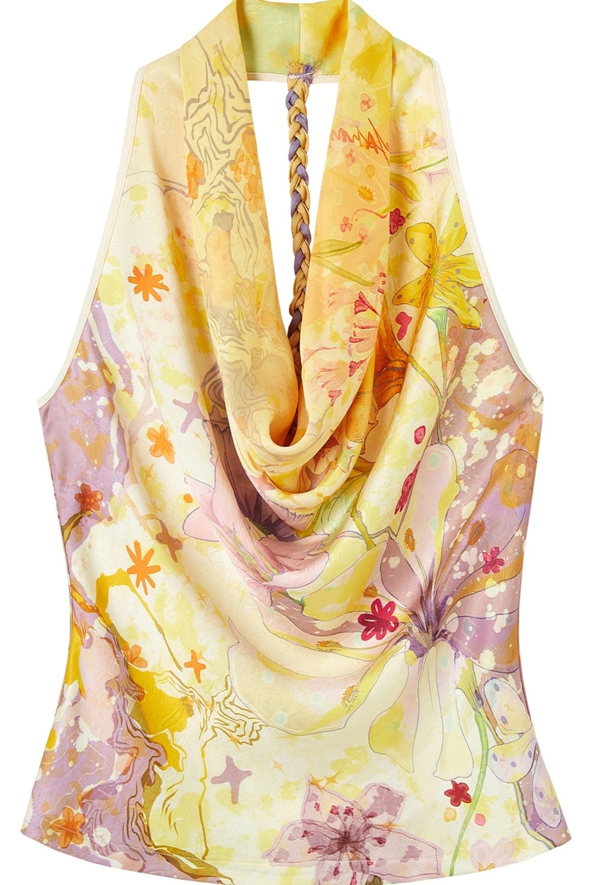 Printed Halter Swing Collar Backless Top