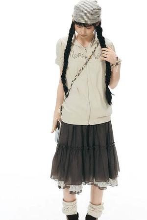 Printed Hooded Oatmeal Short-Sleeve Sweatshirt