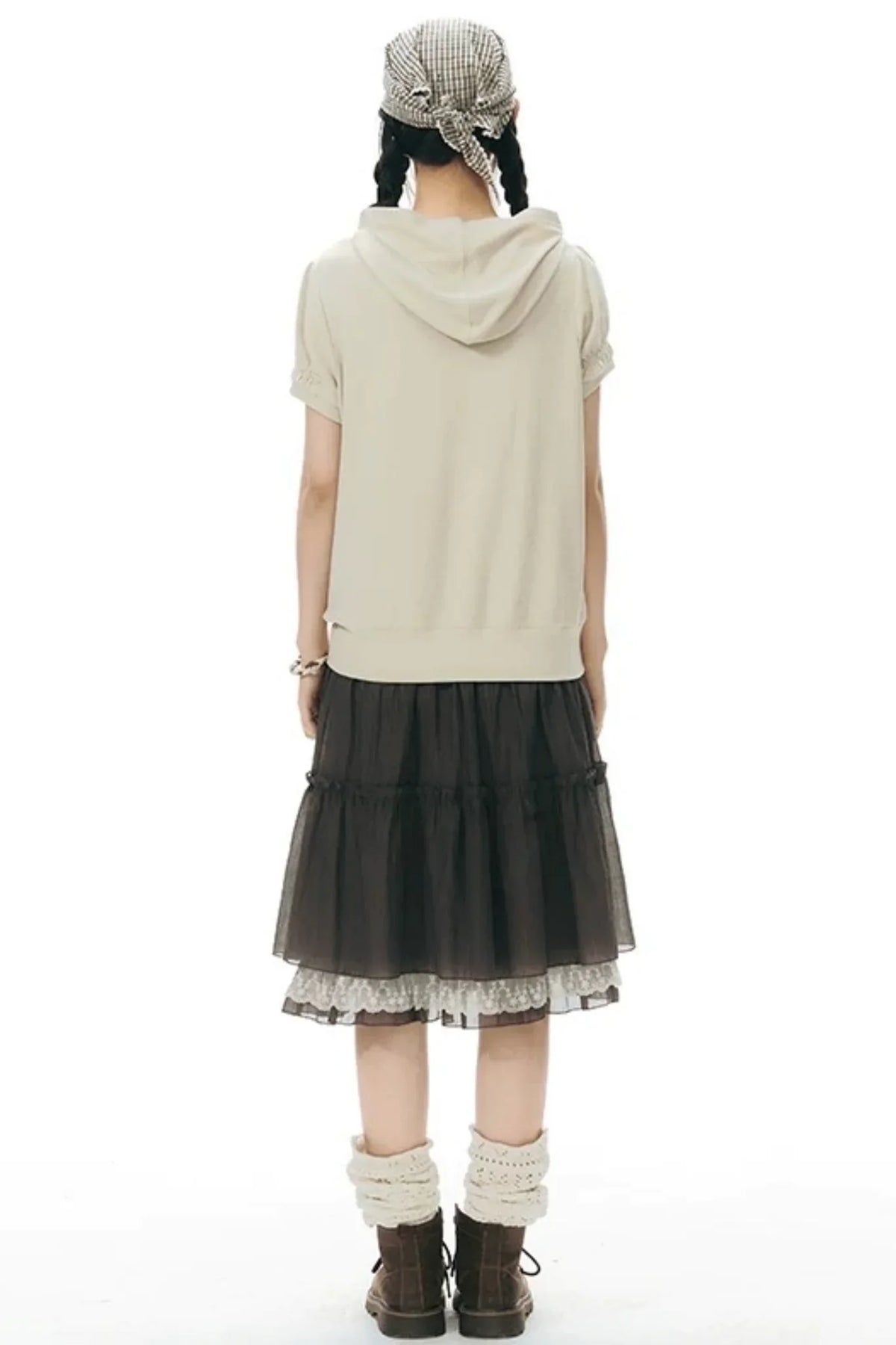 Printed Hooded Oatmeal Short-Sleeve Sweatshirt