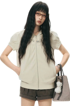 Printed Hooded Oatmeal Short-Sleeve Sweatshirt