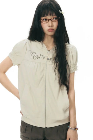 Printed Hooded Oatmeal Short-Sleeve Sweatshirt