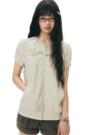 Printed Hooded Oatmeal Short-Sleeve Sweatshirt