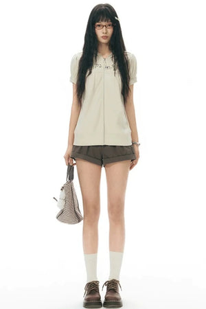 Printed Hooded Oatmeal Short-Sleeve Sweatshirt