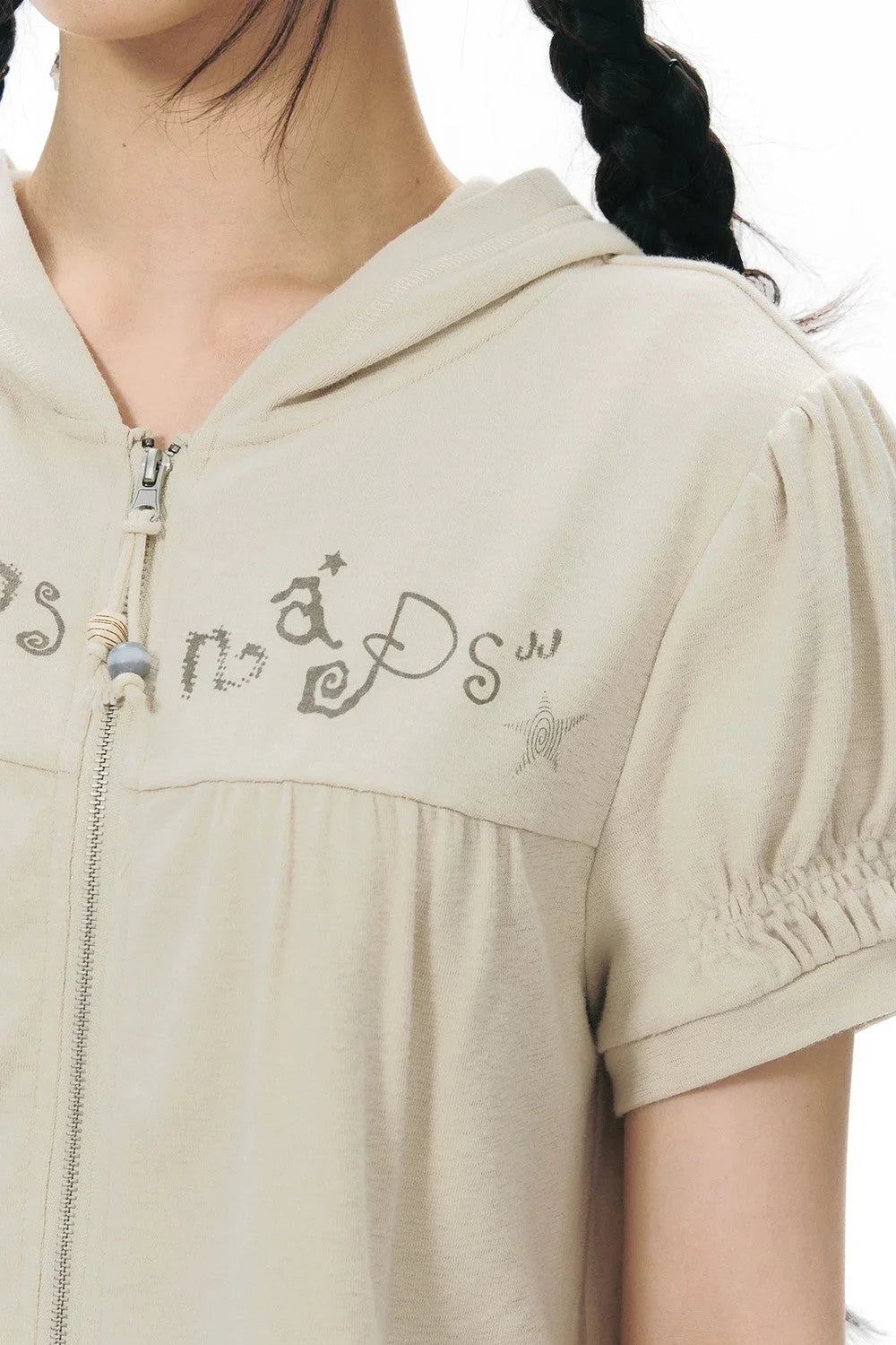 Printed Hooded Oatmeal Short-Sleeve Sweatshirt