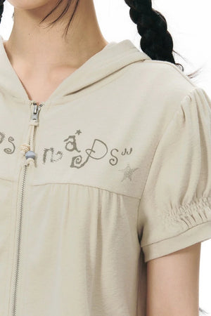 Printed Hooded Oatmeal Short-Sleeve Sweatshirt