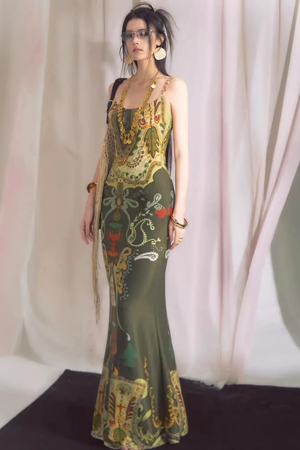 Printed Ribbon Fishtail Dress