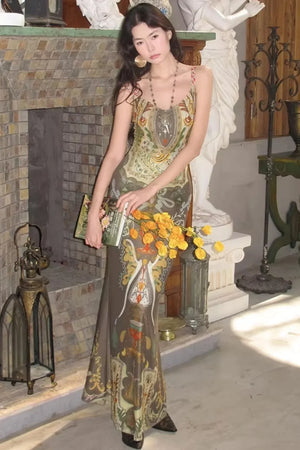 Printed Ribbon Fishtail Dress
