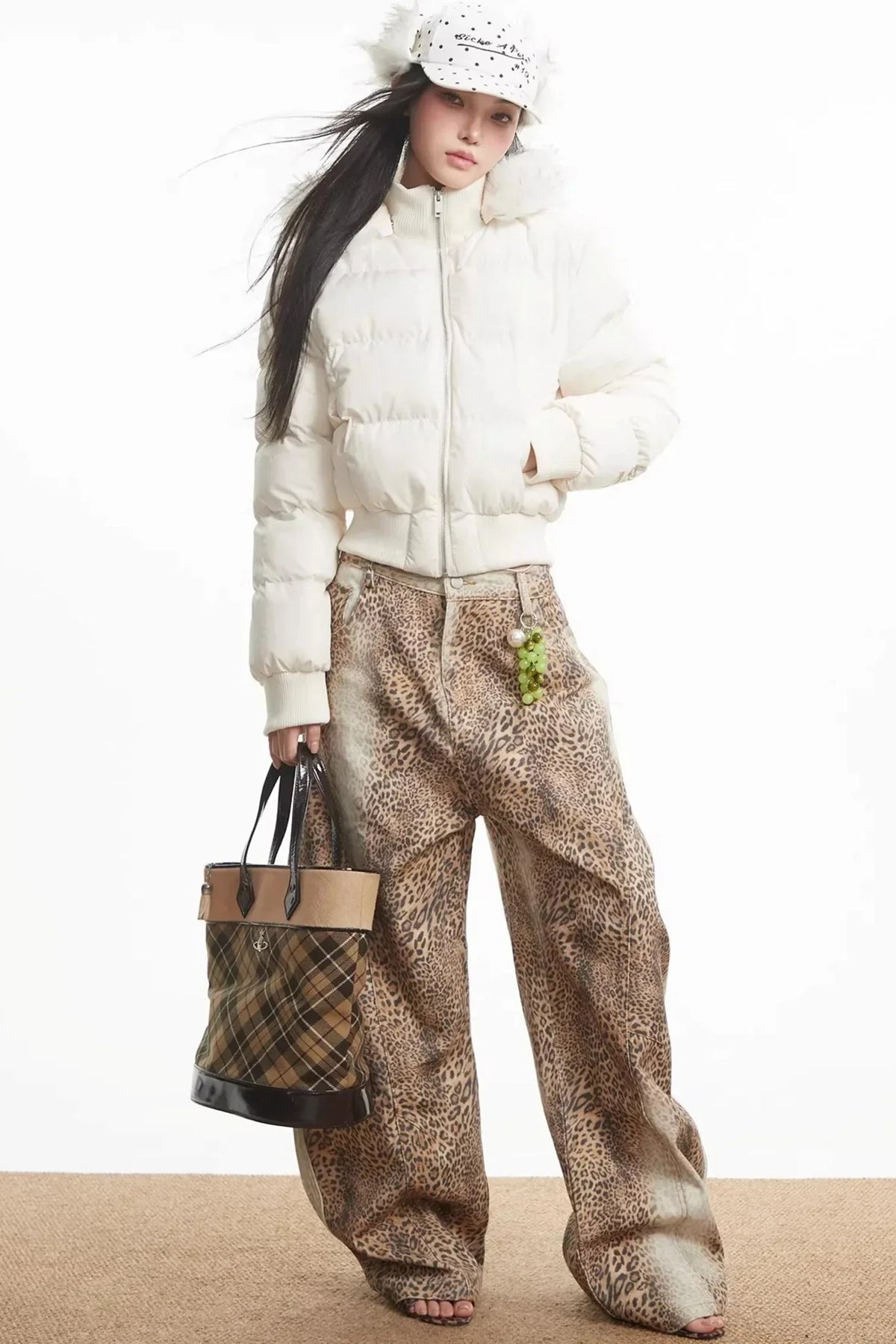 Printed Short Fur Collar Down Jacket