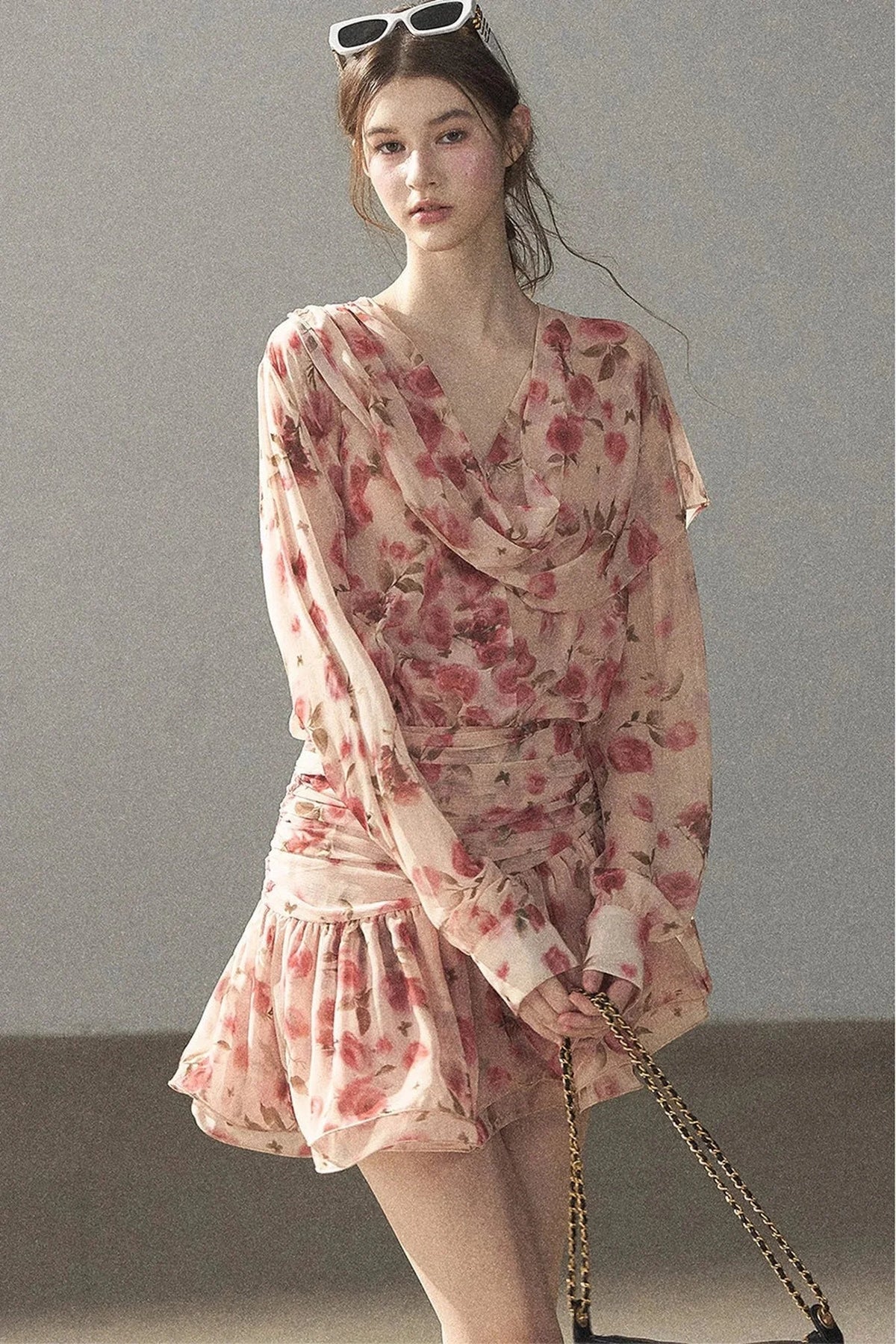 Puff Floral Chiffon Dress and Leggings Set