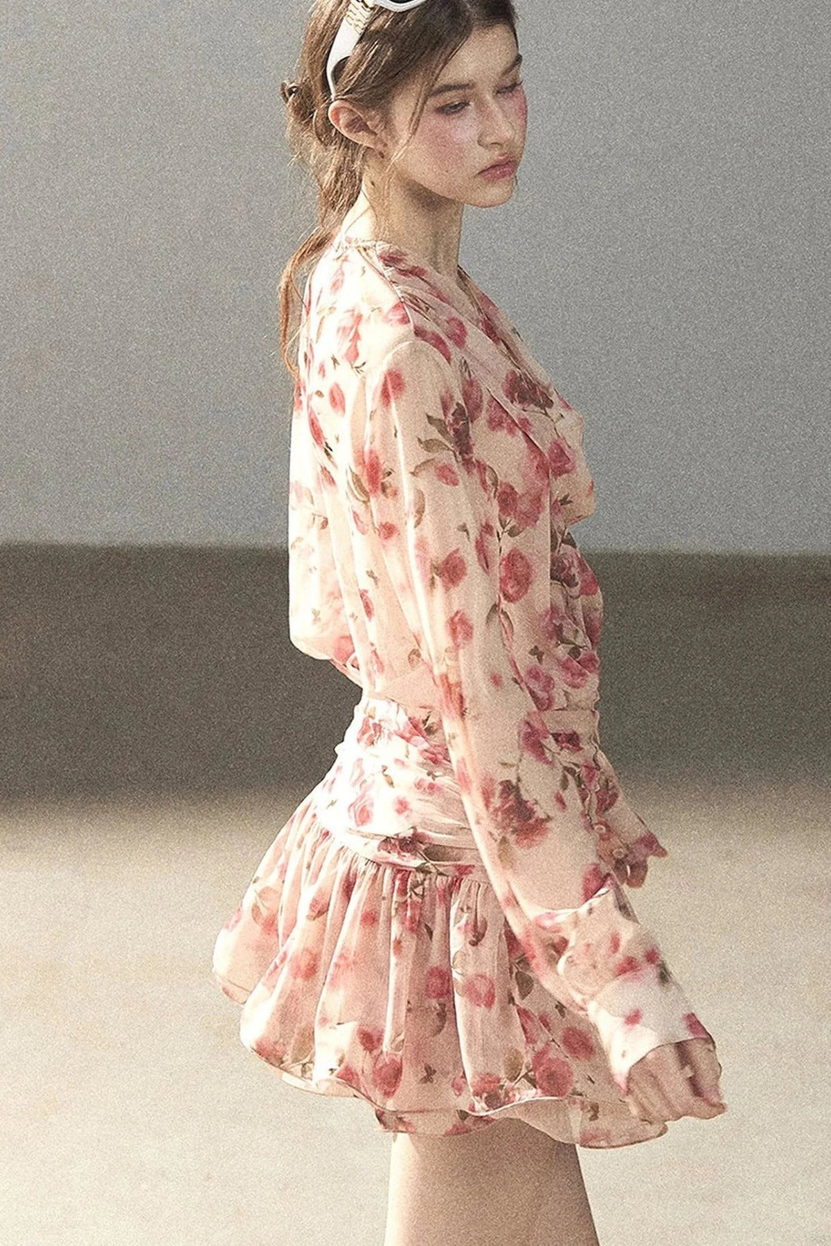 Puff Floral Chiffon Dress and Leggings Set