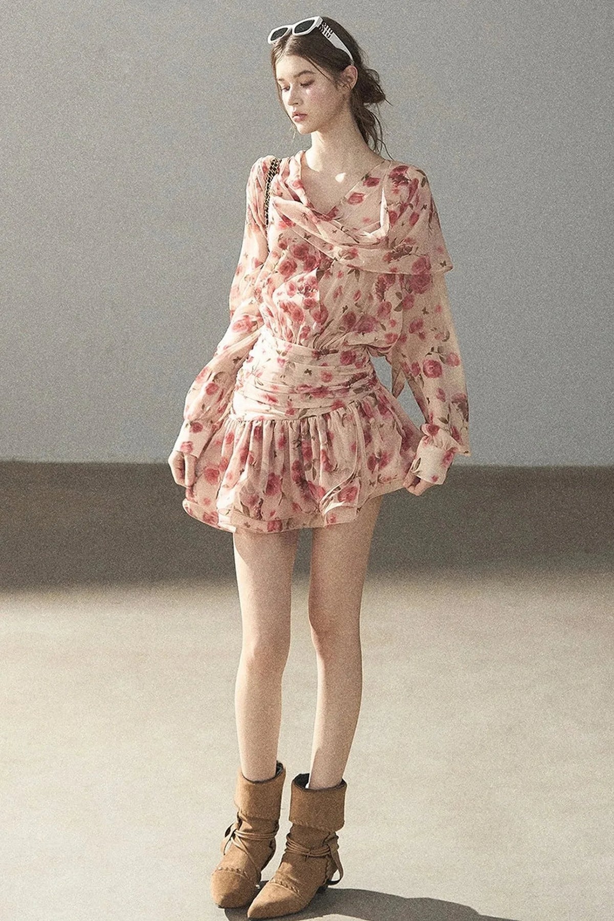 Puff Floral Chiffon Dress and Leggings Set