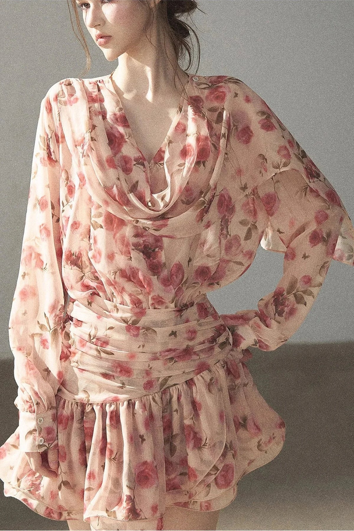 Puff Floral Chiffon Dress and Leggings Set