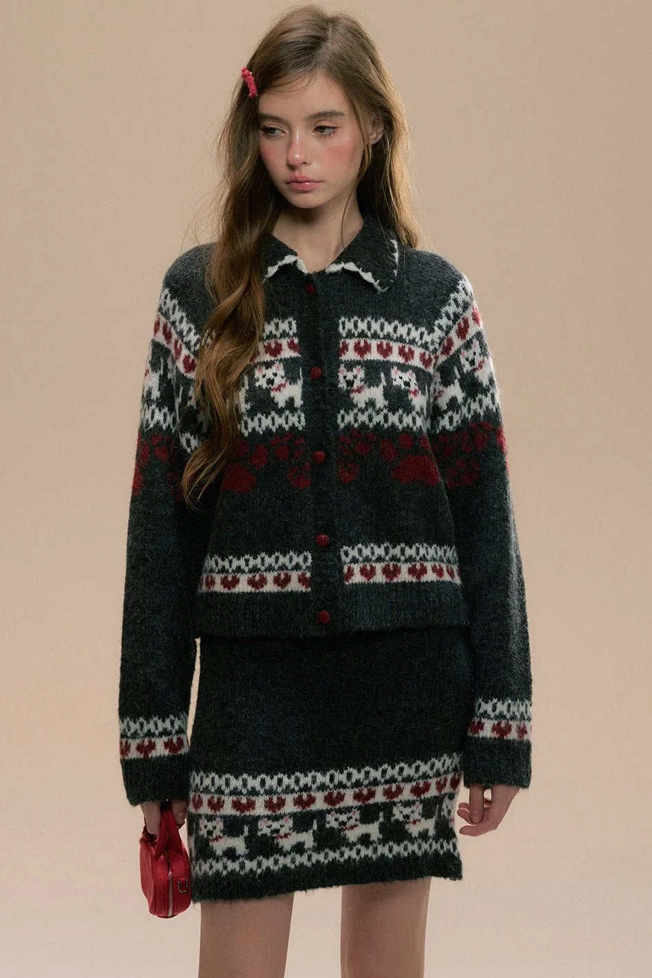 A cozy puppy-themed Fair Isle knit sweater and skirt set.