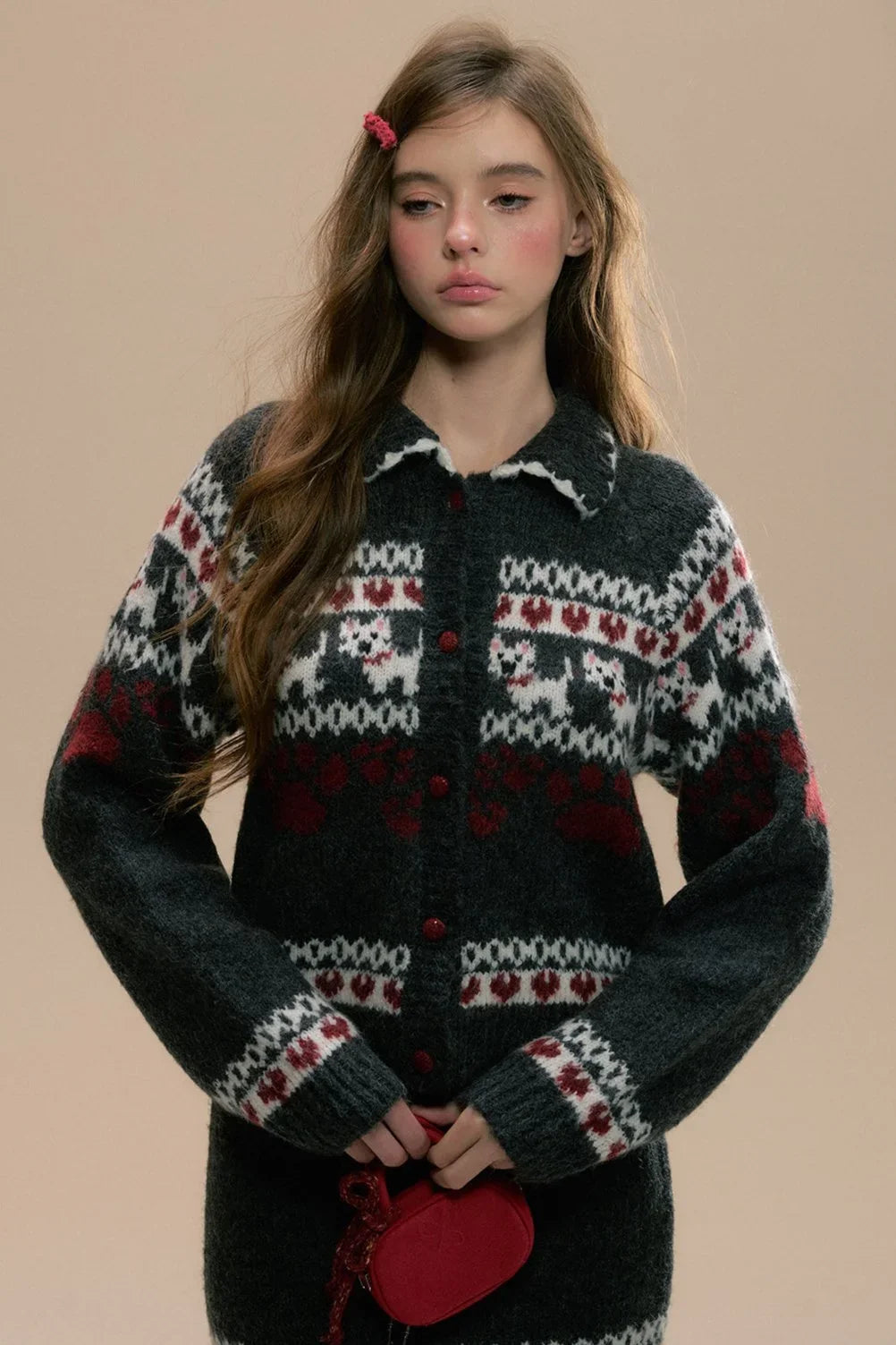 A cozy puppy-themed Fair Isle knit sweater and skirt set.