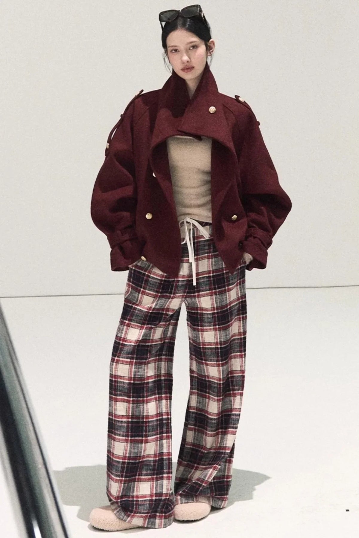 Pure Cotton Plaid Wide-Leg Pants