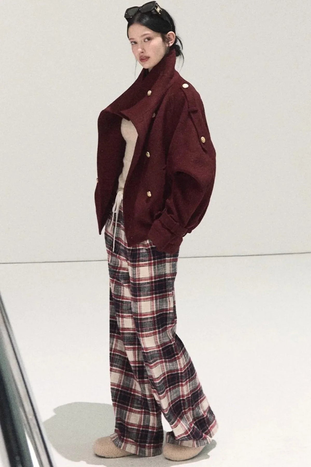Pure Cotton Plaid Wide-Leg Pants