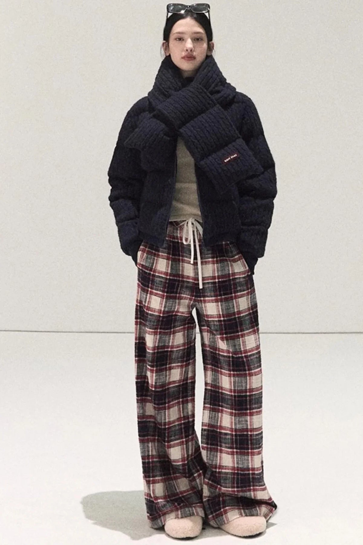 Pure Cotton Plaid Wide-Leg Pants