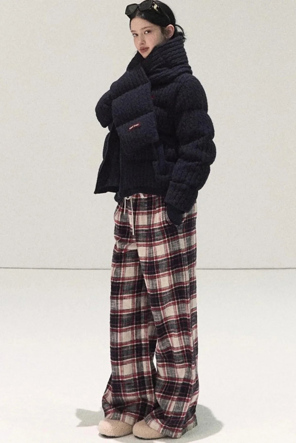 Pure Cotton Plaid Wide-Leg Pants