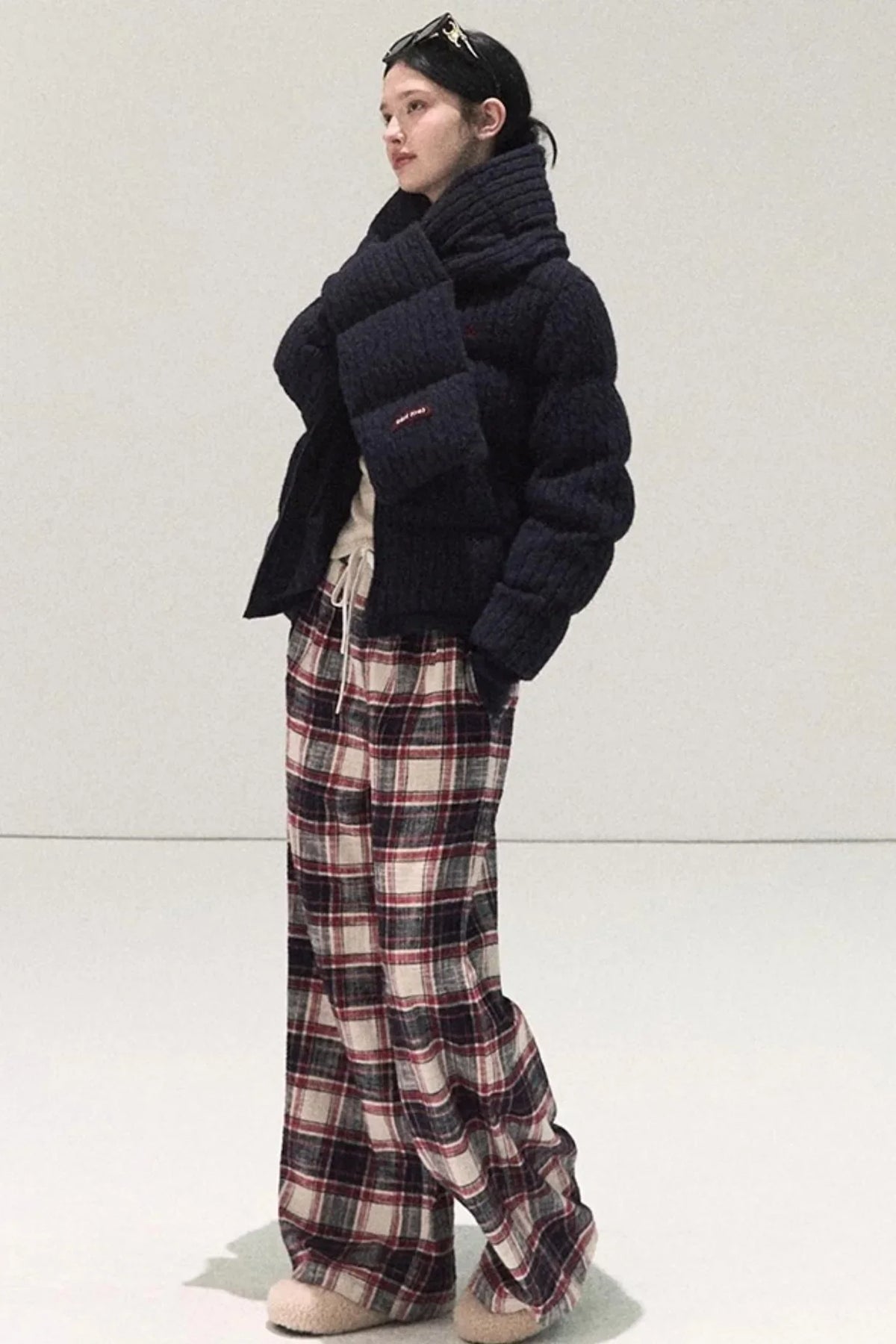Pure Cotton Plaid Wide-Leg Pants