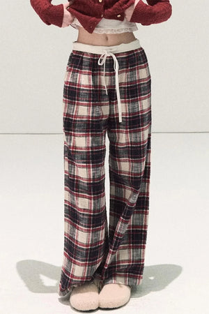 Pure Cotton Plaid Wide-Leg Pants