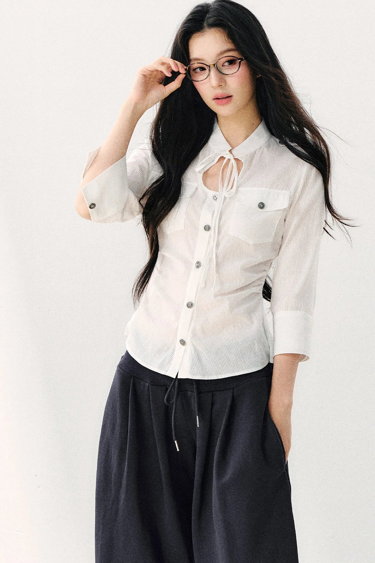 Pure Cotton Tie Neck Three-Quarter Sleeve Shirt
