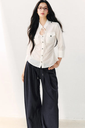 Pure Cotton Tie Neck Three-Quarter Sleeve Shirt