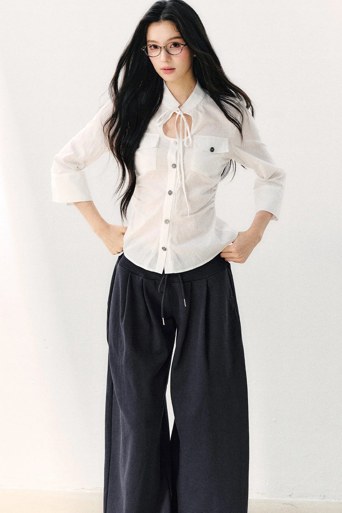Pure Cotton Tie Neck Three-Quarter Sleeve Shirt